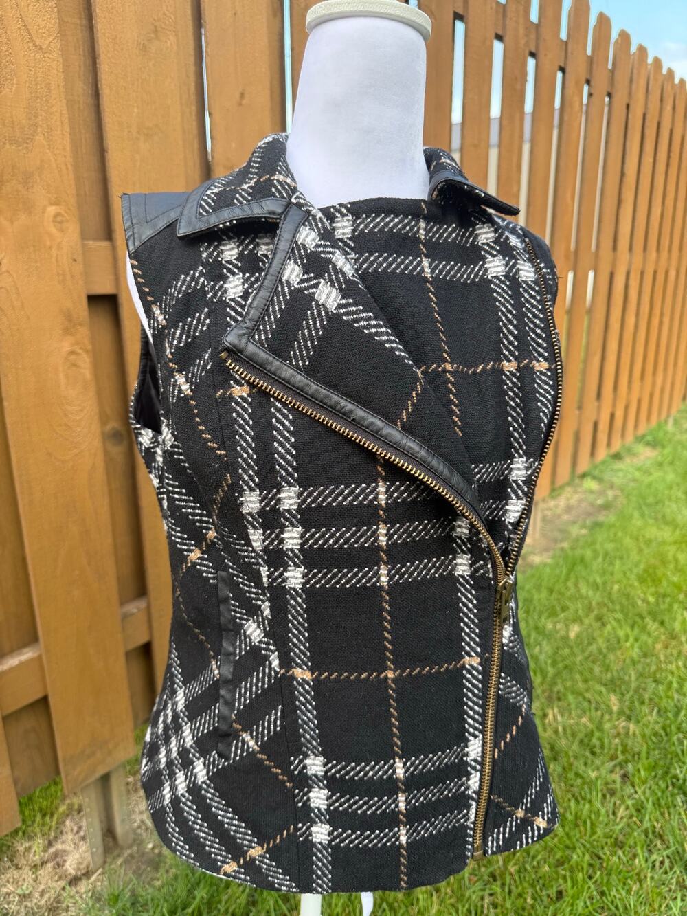 Cabi Moto Grid Plaid Asymmetrical Wool Vest Small